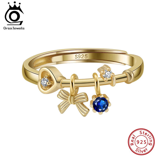 ORSA JEWELS 925 Sterling Silver CZ Bowknot Pendant Ring 14K Gold Sapphire Blue Round Pendant Open Ring Prong Setting Gift SR336